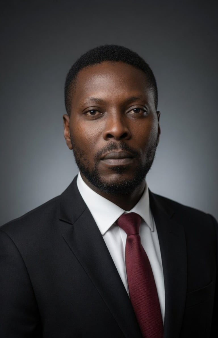 Professional headshot of a man wearing a black suit, white shirt, and burgundy tie against a gray background